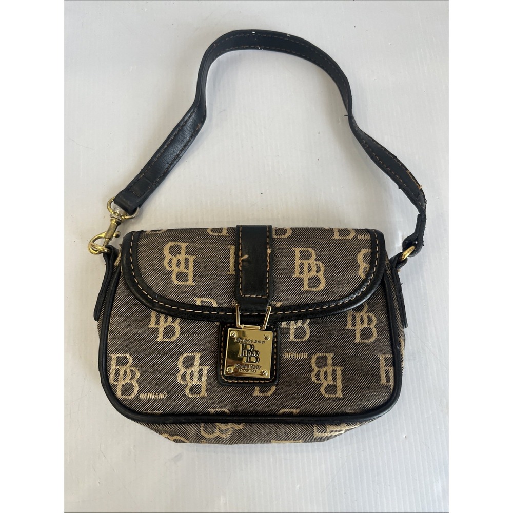 Brentano Moda Italy Small Canvas & Leather Monogram Wristlet Clutch Purse Brown